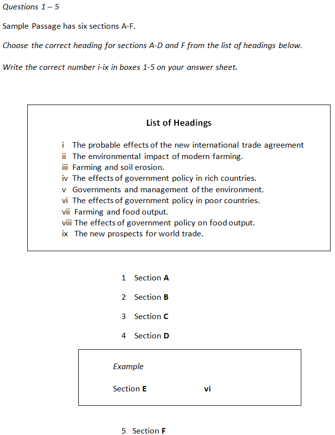 IELTS reading matching headings sample question