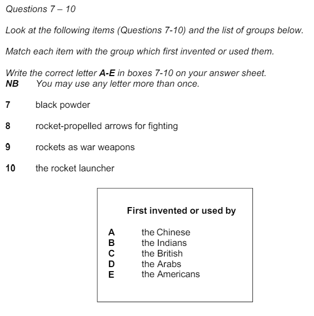 IELTS reading matching features sample question